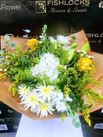 Bouquet of white oriental lily, Lilac, yellow tara roses, celosia, alstromeria, cream hypericum and delistar blooms