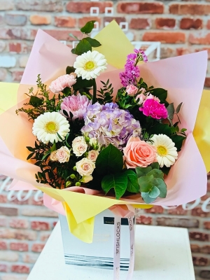 Bouquet of white oriental lily, Lilac, yellow tara roses, celosia, alstromeria, cream hypericum and delistar blooms