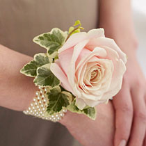 soft pink rose surrounded by a collar of Ivy leaves corsage