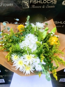 Bouquet of white oriental lily, Lilac, yellow tara roses, celosia, alstromeria, cream hypericum and delistar blooms